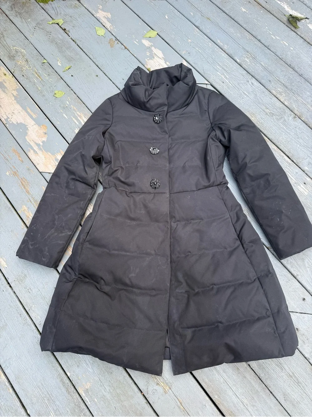 kate spade Black Quilted Puffer Coat with Back Bow and beaded buttons Medium  10